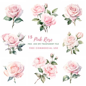 Pink Rose Branch Clipart Bundle 15 High Quality PNG, Watercolor Rose Flower ,Digital Download,Card Making,Digital Paper Craft| 323