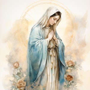 Vierge Marie Clipart, Bundle 15 PNG de haute qualité, Aquarelle vintage Sainte Marie, Téléchargement numérique, Fabrication de cartes, Médias mixtes, Artisanat en papier numérique|114