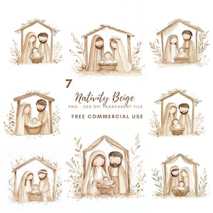 Kerststal clipart bundel 7 hoge kwaliteit png, aquarel kerststal heilige familie, Jezus Christus, Maria en Jozef, afdrukbare stickers Goodnotes | 617