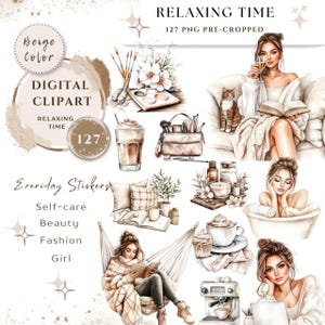 Aquarell entspannende Zeit Frau Clipart PNG, Bundle 127 Hohe Qualität|Beige schönes Mädchen, druckbare Aufkleber Goodnotes, digitaler Download |657