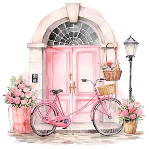 Pacchetto Clipart bici rosa 15 PNG di alta qualità, porta rosa acquerello, adesivi, download digitale, creazione di carte, artigianato in carta digitale/ 322