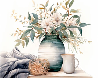 May include: A white ceramic pitcher and a blue and white striped vase with a bouquet of white flowers on a wooden surface. A woven basket with dried twigs sits on the surface.