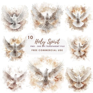 Paquete de imágenes prediseñadas del Espíritu Santo 10 PNG de alta calidad, Paloma de Pentecostés en acuarela, Pegatina imprimible, Descarga digital, Creación de tarjetas, Técnica mixta/ 425