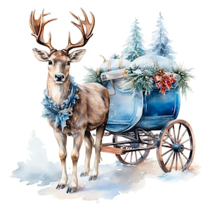 Traîneau de Noël renne Clipart PNG, lot de 15 JPG haute qualité, téléchargement numérique, fabrication de cartes, techniques mixtes, créations numériques en papier, autocollants | 53