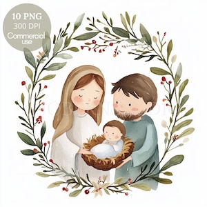 Krippe Clipart Bundle 10 hochwertige PNG, Aquarell Krippe Heilige Familie,Jesus Christus,Maria und Josef,Printable Aufkleber Goodnotes |618