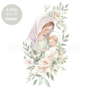 Clipart del fiore della Vergine Maria, pacchetto di 9 PNG di alta qualità, Vergine Maria e Gesù, adesivi stampabili Goodnotes, download digitale/774