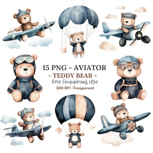 Aviator Teddy Bear Clipart PNG, Pakiet akwareli 15 Wysokiej jakości JPG, Pobieranie cyfrowe, Tworzenie kartek, Media mieszane, Cyfrowe rzemiosło papierowe|43