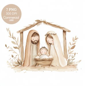 Paquete de 7 imágenes prediseñadas de la Natividad en formato PNG de alta calidad, Sagrada Familia de la Natividad en acuarela, Jesucristo, María y José, pegatinas imprimibles Goodnotes /617