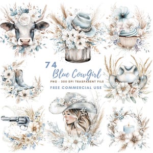 Aquarel cowgirl blauwe clipart, png, bundel 74 van hoge kwaliteit, vrouw blauwe western afdrukbare stickers Goodnotes| Digitale download| 734
