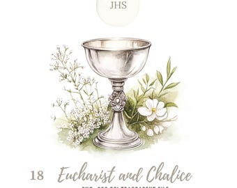 First Communion Clipart PNG,Bundle 18 High Quality,Watercolor Jesus Eucharist and Chalice,Printable Stickers Goodnotes, Digital Download|811