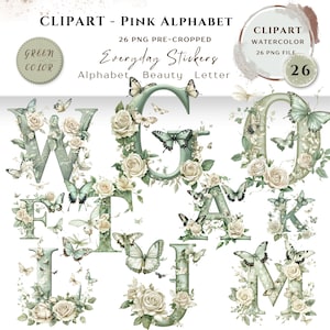 Paquete de 26 imágenes prediseñadas de letras del alfabeto floral PNG de alta calidad, mariposas con letras de acuarela, pegatinas imprimibles Goodnotes, descarga digital/ 675