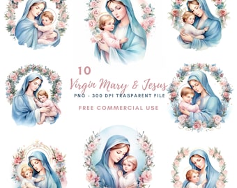 May include: Ten digital illustrations of the Virgin Mary and baby Jesus. Each image features a watercolour style painting of Mary and Jesus in a blue robe with a pink floral wreath around them. The images are set against a white background.