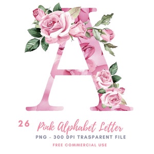 Paquete de imágenes prediseñadas de letras del alfabeto rosa 26 PNG de alta calidad, letras de acuarela, pegatinas imprimibles, descarga digital, artesanía de papel digital / 484