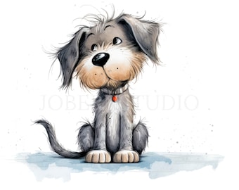 May include: A cartoon illustration of a gray and white dog with a red collar sitting on a light blue background. The dog has a brown nose and is looking up.