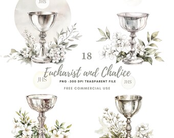 First Communion Clipart PNG,Bundle 18 High Quality,Watercolor Jesus Eucharist and Chalice,Printable Stickers Goodnotes, Digital Download|811