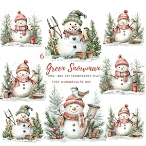 Aquarell Weihnachten Schneemann Clipart PNG | 6er Set Hochwertige | Grüner Schneemann | Druckbare Aufkleber Goodnotes | Digitaler Download| 859