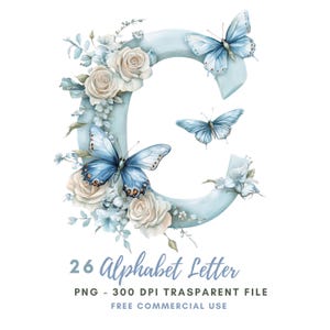 Pacchetto di clipart di lettere dell'alfabeto floreale 26 PNG di alta qualità, farfalle di lettere ad acquerello, adesivi stampabili Goodnotes, download digitale/ 676