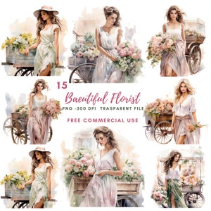 Fiorista donna Clipart PNG, bundle 15 PNG di alta qualità, download digitale, creazione di biglietti, creazione di carta digitale, adesivi stampabili/ 413
