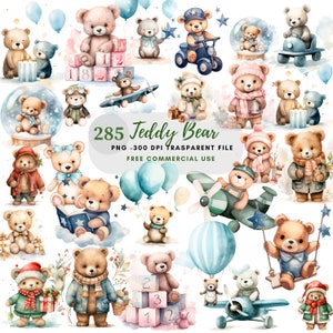 Teddy Bear Baby Shower Clipart PNG,285 JPG de haute qualité, Ours en peluche aviateur, Aquarelle Baby Party, Fabrication de cartes, Artisanat en papier numérique|169
