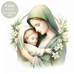 Vergine Maria Clipart, Pacchetto 6 PNG di alta qualità, Acquerello verde Madonna, Download digitale, Adesivi stampabili, Carta digitale artigianale/ 521