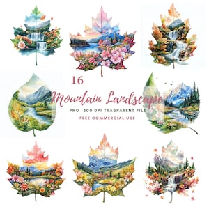 Berglandschaft Clipart PNG, Bündel 16 Hohe Qualität | Aquarell Form Blätter Berg |Printable Stickers Goodnotes| Digitaler Download| 784