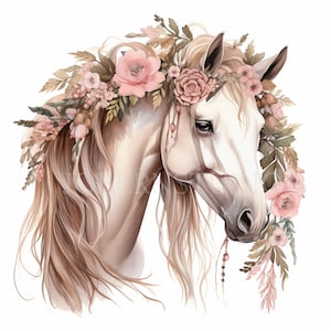 Flower Horse Clipart PNG Bundle 12 Alta qualità, Cavallo acquerello, Adesivi stampabili, Download digitale, Creazione di cartoline, Creazioni di carta digitale/349