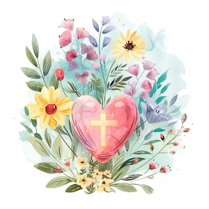 Sacré-cœur Clipart Bundle 15 PNG haute qualité, aquarelle Jésus-Marie, téléchargement numérique, fabrication de cartes, techniques mixtes, création numérique en papier | 263