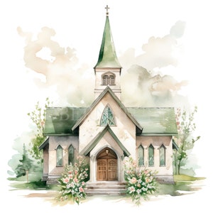 Green Church Clipart PNG,Bundle 12 alta qualità,Matrimonio in chiesa acquerello,Download digitale,Creazione di cartoline,Carta digitale,Adesivo stampabile/ 401