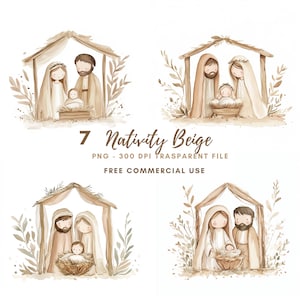 Paquete de 7 imágenes prediseñadas de la Natividad en formato PNG de alta calidad, Sagrada Familia de la Natividad en acuarela, Jesucristo, María y José, pegatinas imprimibles Goodnotes /617