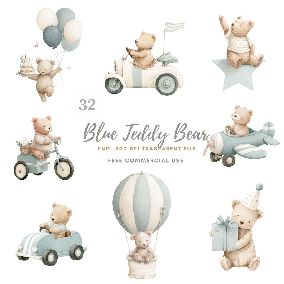 Blue Teddy Bear Nursery Clipart , Bundle 32 Png,watercolor It's a Boy ...