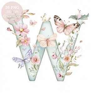 Paquete de 26 imágenes prediseñadas de letras del alfabeto floral PNG de alta calidad, mariposas con letras de acuarela, pegatinas imprimibles Goodnotes, descarga digital/ 632