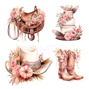 Aquarelle Cowgirl Party Clipart PNG, lot de 25 JPG haute qualité, téléchargement numérique, fabrication de cartes, créations numériques en papier, autocollants imprimables | 72