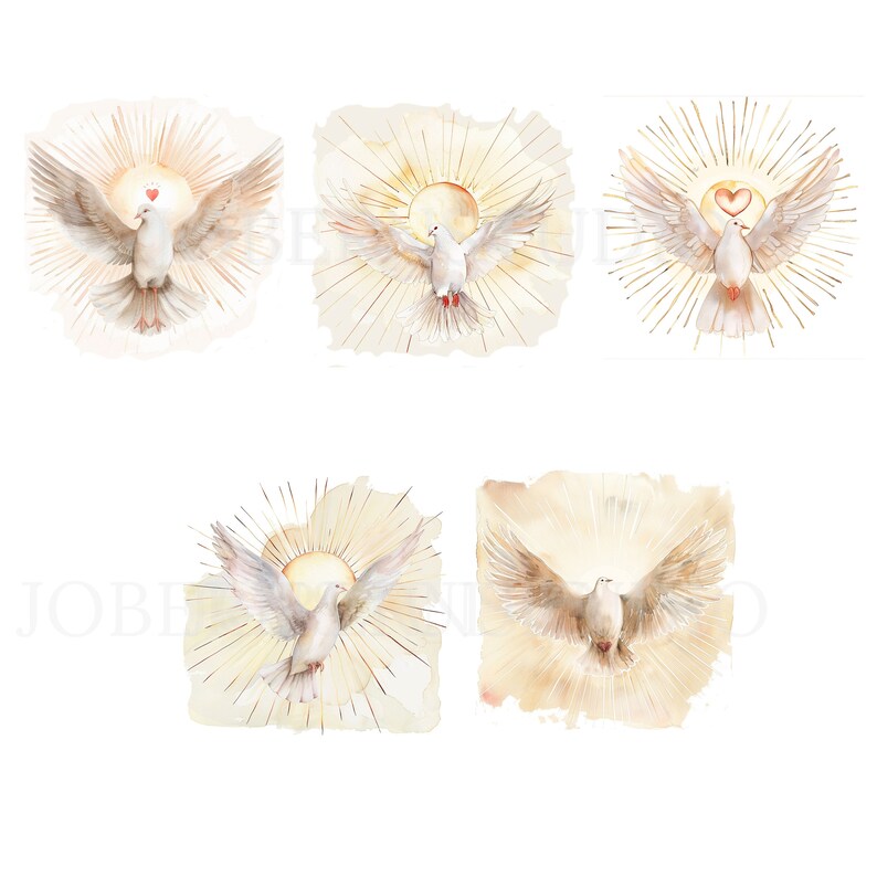 May include: Six watercolor illustrations of a white dove with outstretched wings, each dove surrounded by a golden halo and a sunburst. The dove in the top left illustration has a small red heart above its head.