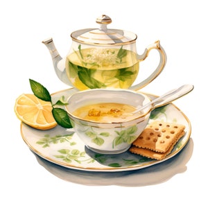Clipart de chá de café da manhã PNG, pacote 10 JPG de alta qualidade, download digital de aquarela de chá de ervas, fabricação de cartões, artesanato em papel digital |