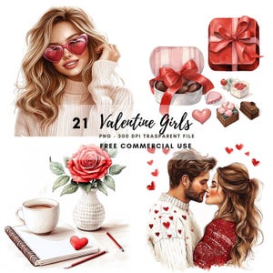 Paquete de 21 imágenes prediseñadas de chica de San Valentín en formato PNG de alta calidad/mujer amante de la acuarela/descarga digital, pegatinas imprimibles Goodnotes/725