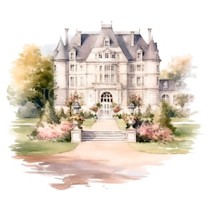 Clipart de casa francesa PNG, pacote 15 de alta qualidade, aquarela provençal, download digital, confecção de cartão, mídia mista, adesivos para impressão | 423