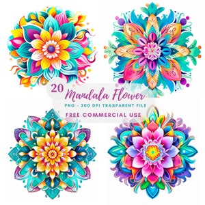 Mandala Flower Clipart, Bundle 20 PNG di alta qualità, Acquerello floreale, Adesivi stampabili, Download digitale, Creazione di cartoline, Creazioni di carta digitale/384