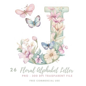 Alphabet floral lettre Clipart Bundle 26 PNG haute qualité, aquarelle lettre papillons, autocollants imprimables Goodnotes, téléchargement numérique | 632