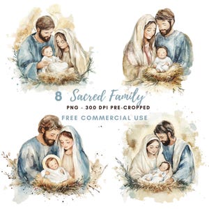 Pacchetto di clipart della natività 8 PNG di alta qualità, acquerello della natività Sacra famiglia, Gesù Cristo, Maria e Giuseppe, adesivi stampabili Goodnotes /727