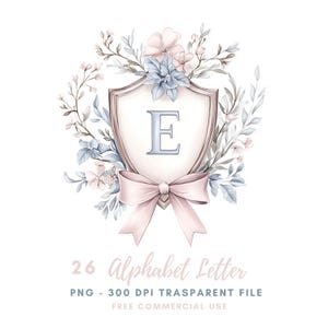 Paquete de 26 imágenes prediseñadas de letras del alfabeto floral de alta calidad PNG, letras de escudo de armas de acuarela, pegatinas imprimibles Goodnotes, descarga digital/667