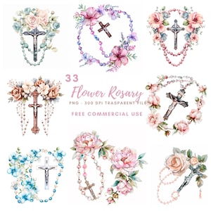 Pacchetto di clipart rosario fiore 33 PNG di alta qualità, acquerello croce, adesivo, download digitale, creazione di carte, supporti misti, artigianato in carta digitale/ 445