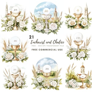 Erstkommunion Clipart PNG, Bündel 21 hohe Qualität, Aquarell Eucharistie und Kelch, bedruckbare Aufkleber Goodnotes, digitaler Download 713