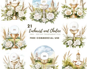 First Communion Clipart PNG,Bundle 21 High Quality, Watercolor Eucharist and Chalice,Printable Stickers Goodnotes, Digital Download| 713