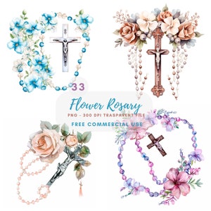 Set di 33 clipart floreale con rosario, PNG di alta qualità, acquerello con croce, adesivi, download digitale, creazione di cartoline, supporti misti, creazione digitale con la carta/445