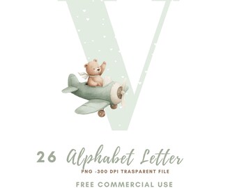 Nursery Green Alphabet Letter Clipart Bundle 26 High Quality PNG, Watercolor Teddy Bear,Printable Stickers Goodnotes, Digital Download| 878
