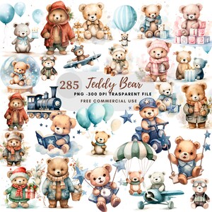 Teddy Bear Baby Shower Clipart PNG,285 High Quality JPGs,Aviator Teddy Bear, Watercolor Baby Party, Card Making, Digital Paper Craft|169