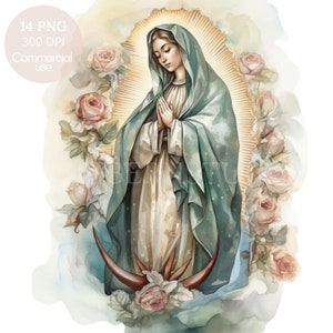 Clipart Nostra Signora Guadalupe, Bundle 14 PNG di alta qualità, Vergine Maria dell'acquerello, Download digitale, Creazione di cartoline, Supporti misti, Carta digitale/370