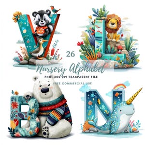 Nursery Alphabet Letter Clipart Bundle 26 High Quality PNG, Cartoon LetterAnimal ,Printable Stickers Goodnotes, Digital Download| 836