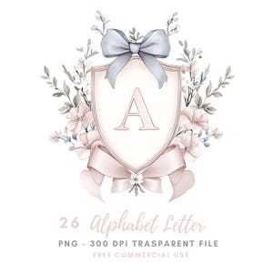 Paquete de 26 imágenes prediseñadas de letras del alfabeto floral de alta calidad PNG, letras de escudo de armas de acuarela, pegatinas imprimibles Goodnotes, descarga digital/667