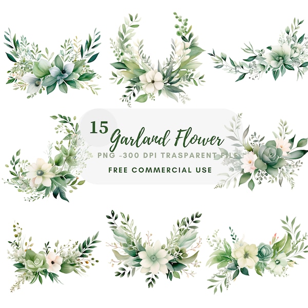 Garland Flower Clipart Bundle 15 High Quality PNG,Watercolor Floral Border, Stickers,Digital Download,Card Making,Digital Paper Craft| 164